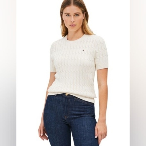 Tommy Hilfiger White Short Sleeve Cable Knit Sweater, Size XL - Picture 1 of 6